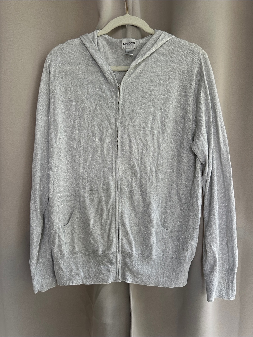 Chico's Light silver metallic Zip-Up Hoodie Sweater cardigan sx 3 xl